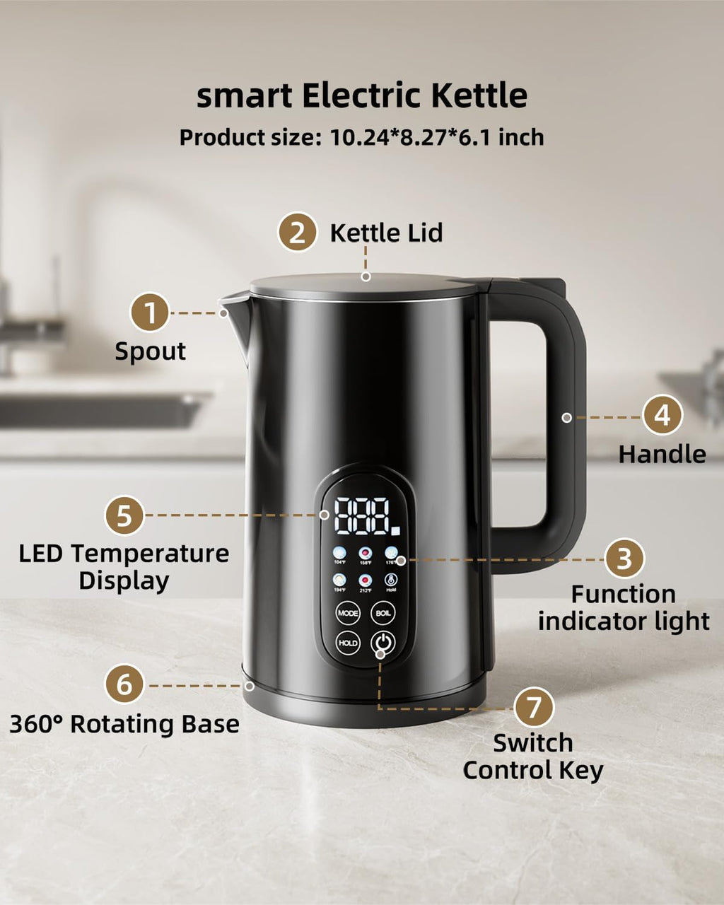 Electric Kettle with Temperature Control, 1.7L Cordless Kettle with 5 Presets, 2H Keep Warm, 304 Stainless Steel, BPA-Free, for Tea, Coffee & Baby Formula, Black
