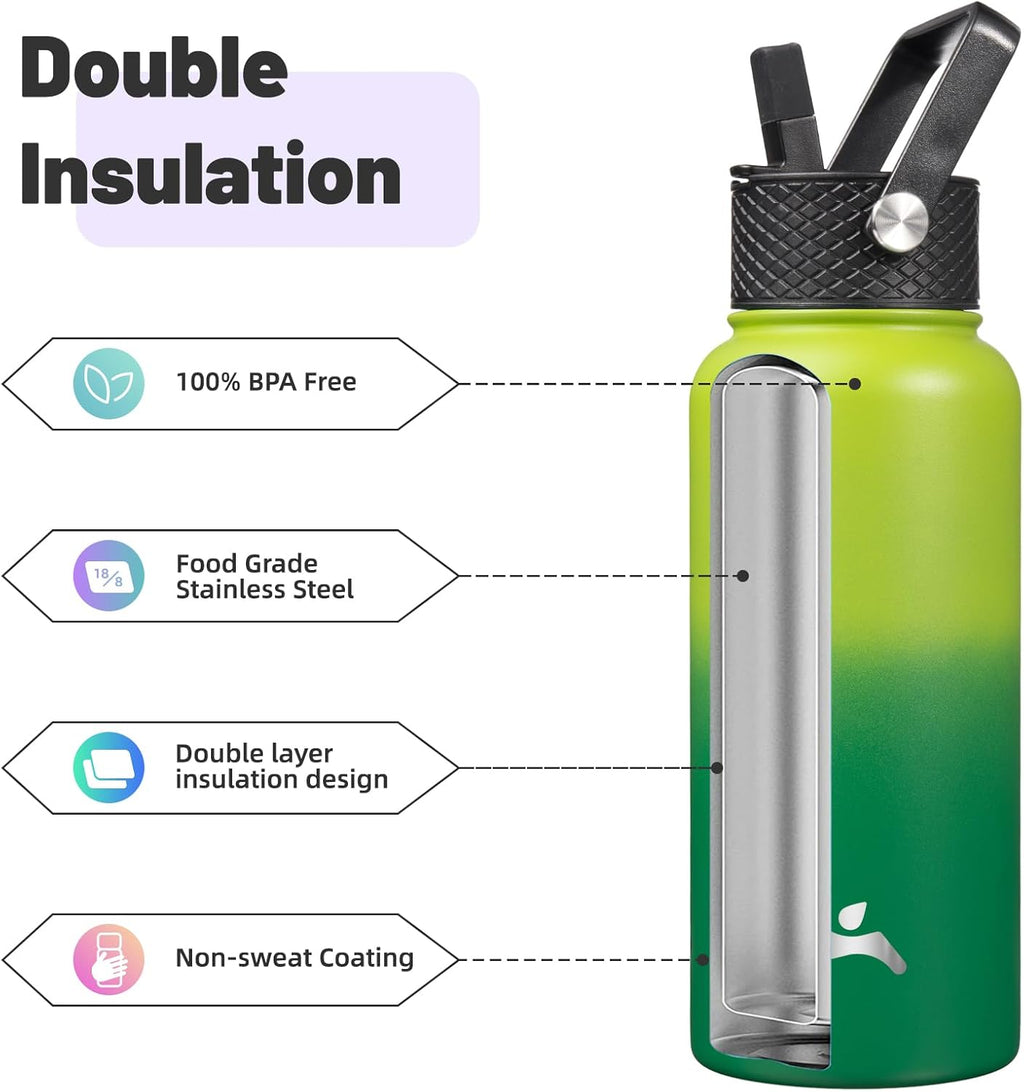 32 oz Insulated Water Bottle Stainless Steel Sport Bottles with 3 Lids,Bamboo Grove
