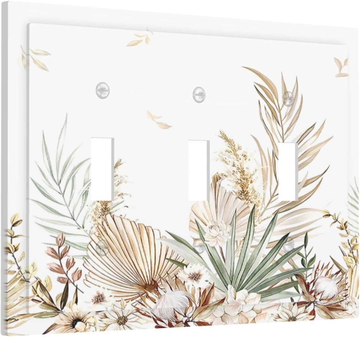 Decorative Switch Plates Boho Leaves Watercolor Tan Leaf Floral Plant 3 Gang Wall Plate Faceplate Triple Toggle Light Switch Cover Electrical Wall Panels for Bedroom Home Decor