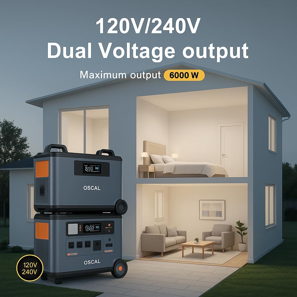 OSCAL PowerMax 6000 Solar Generator, 3600Wh/6000W Power Station with 3x400W Solar Panels, 120V/240V Split Phase Voltage AC Outlets (9000W Peak), 2400W Solar Charging,Emergency for Home,Battery Backup
