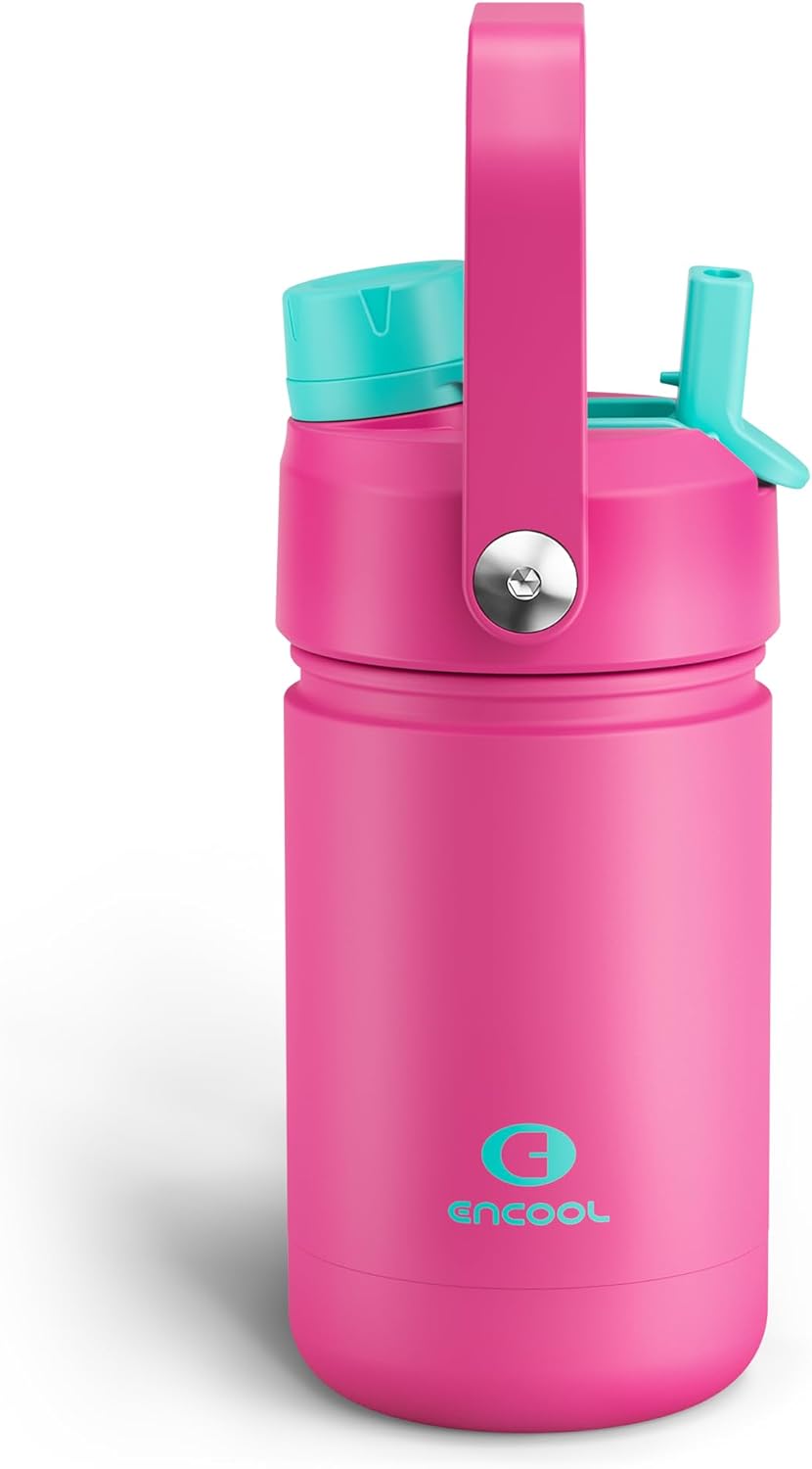 Kids Insualated Water Bottle with Straw - 12oz Stainless Steel Water Bottle with Dual Spouts, Leak-Proof, BPA-Free, Double Wall Vacuum Keeps Cold for 24 Hours for Sports, Travel (Light Crimson)