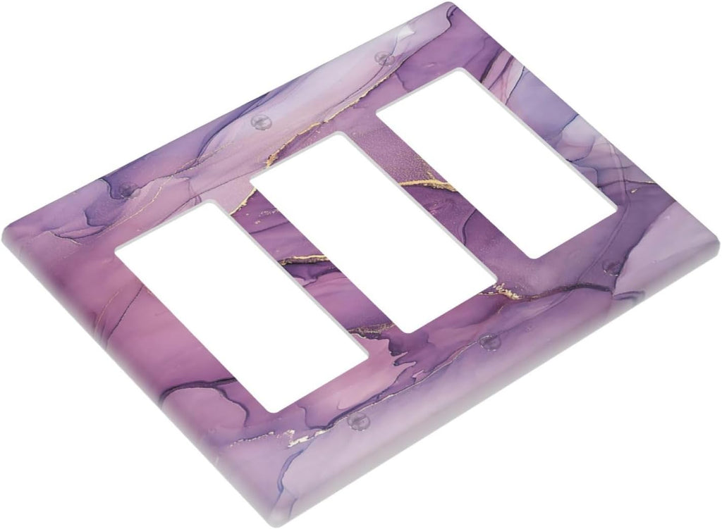Light Switch Covers Purple Marbling Golden Line 3 Gang Rocker Electrical GFCI Decorative Triple Outlet Wall Plate Cover Switchplate for living Room Bathroom Decor