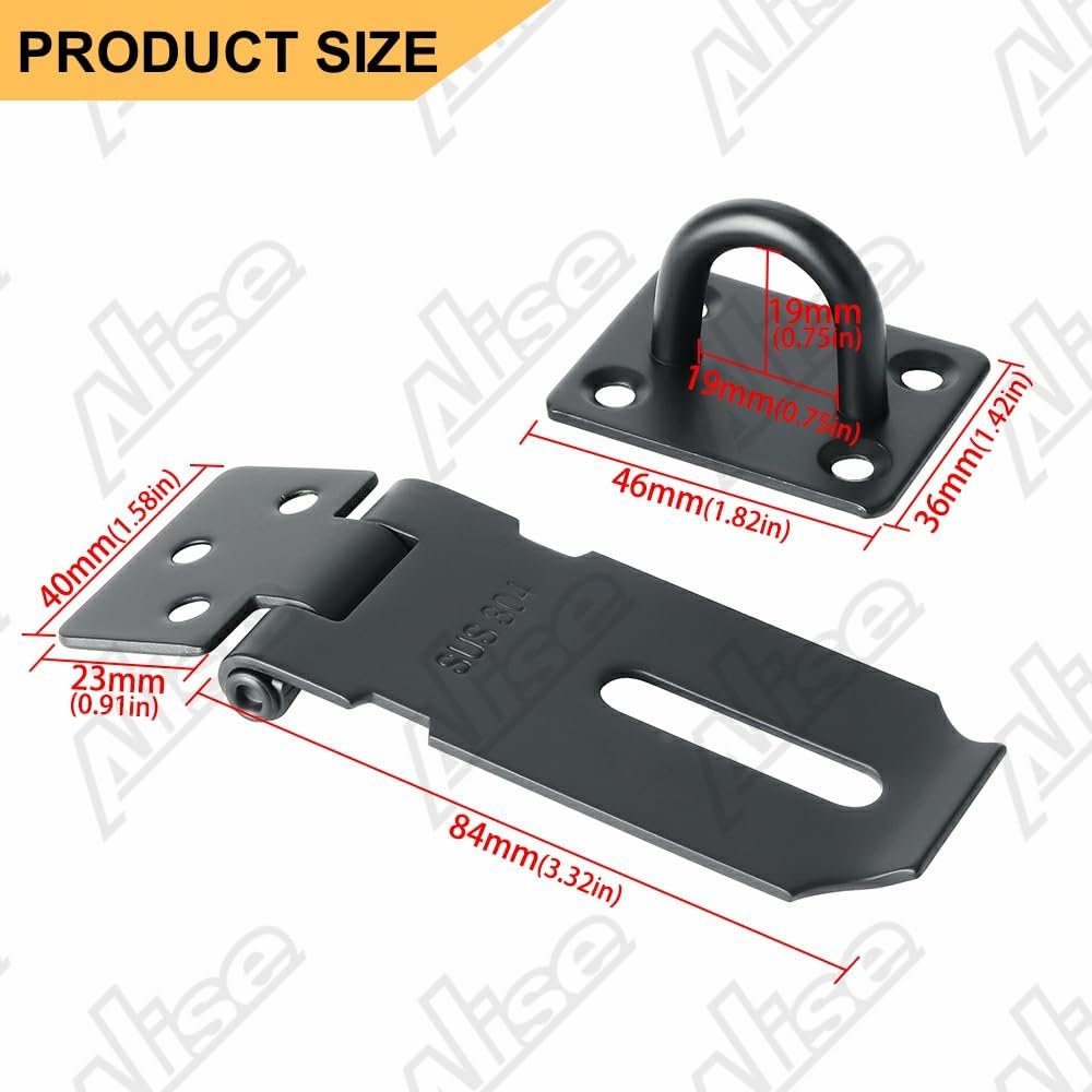 Alise Door Lock Hasp Latch,3 Inch SUS 304 Stainless Steel Safety Packlock Clasp Hasp Lock Latch with Fixing Screw for External Doors Window Cabinet Pet Cage, Black,MS9B-3C