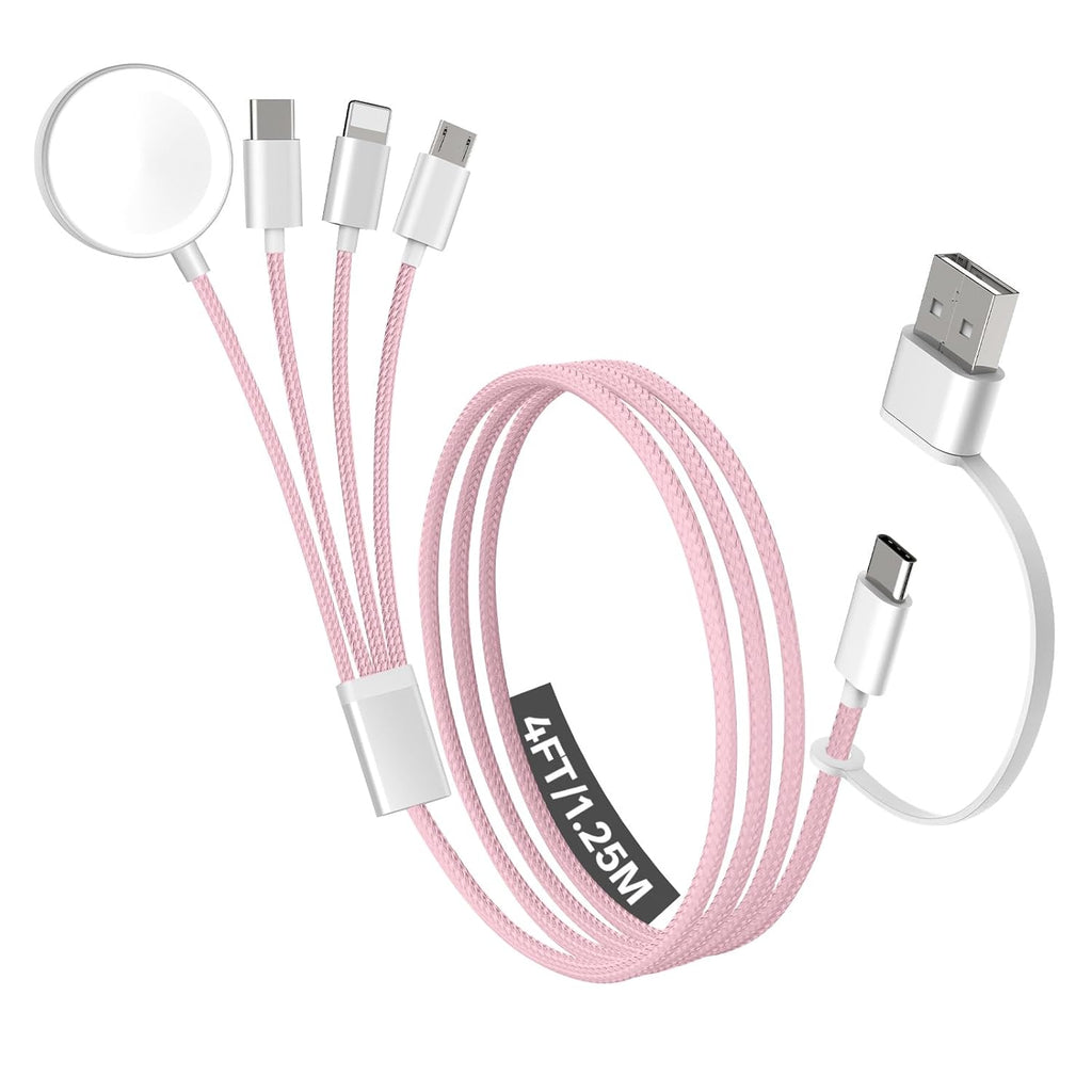Travel Essentials, 4 in 2 Multi Charging Cable for Apple Watch Charger/iPhone Charger,USB C Cable Cord for iPhone 17-11/iWatch Ultra/10-2/Galaxy S25-S20, Android Phones, Kindle, MP3-Pink,4FT