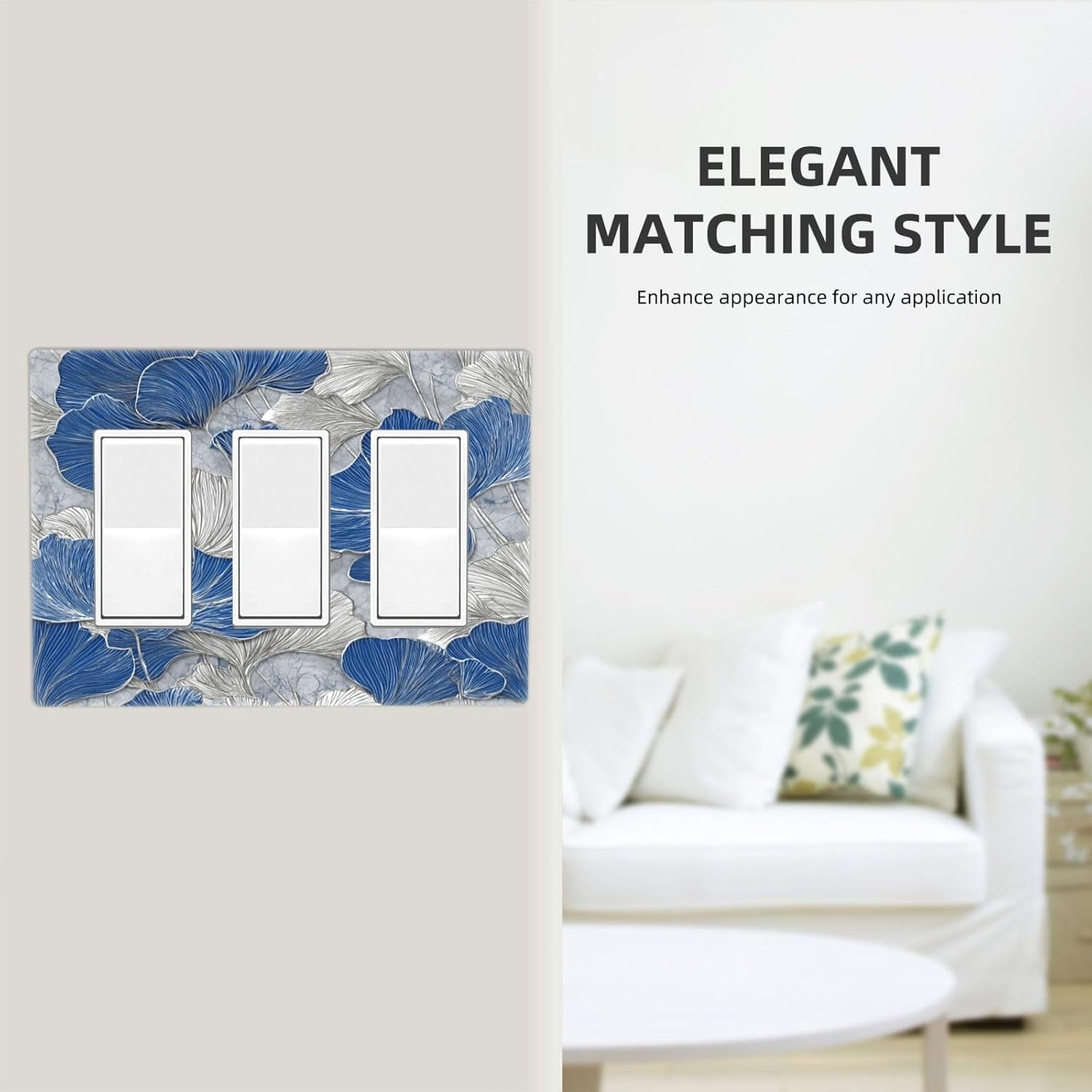 Abstract Blue Marble Plant Leaves 3 Gang Triple Rocker Decorative Light Switch Covers Electrical Faceplate Switch Plates for Bathroom Kitchen Home