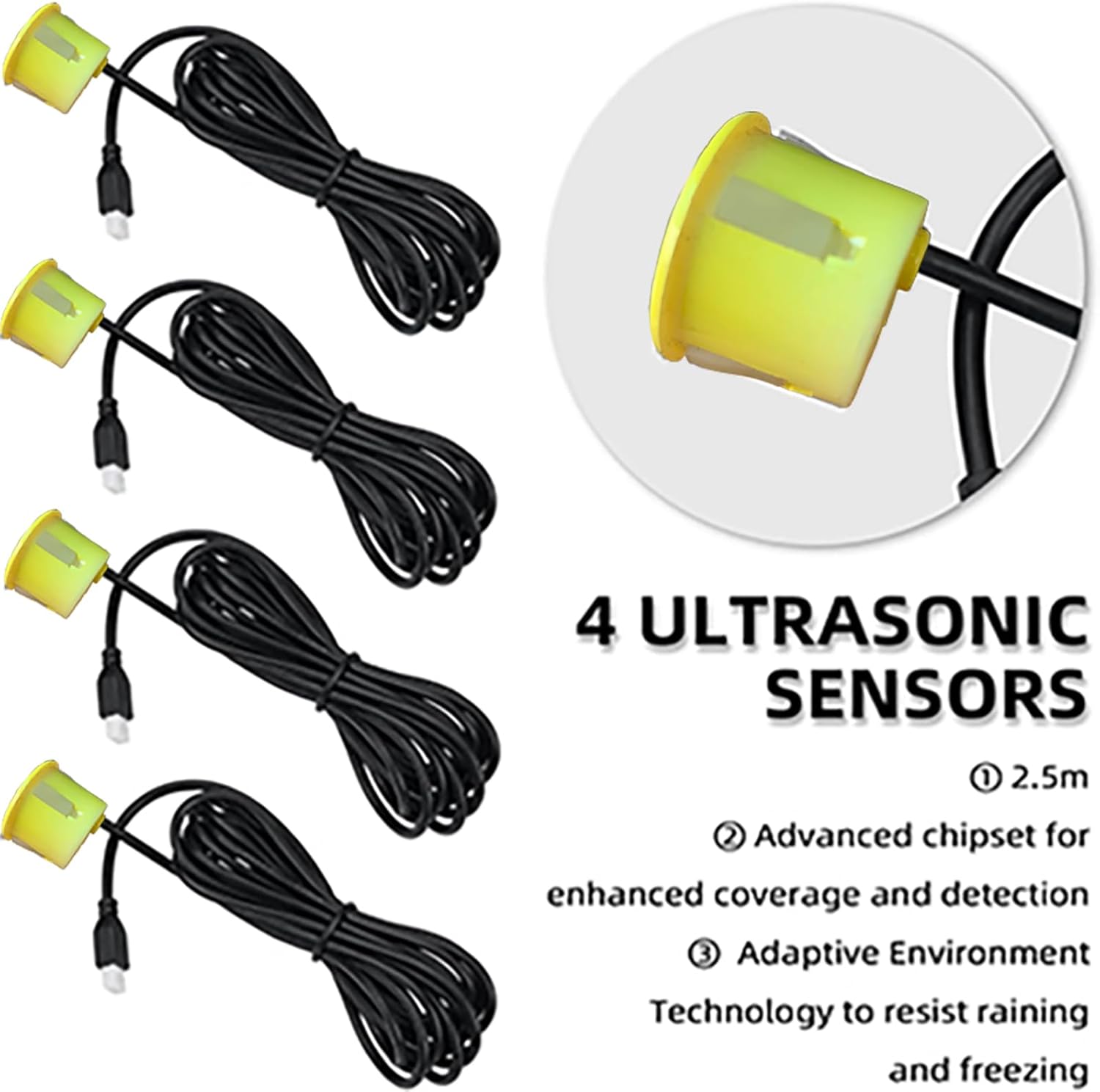 New Feature Rear Parking Sensor with Selectable Distance in Feet, Bidirectional Display Options, and Customizable Numeric Orientation and There are 18 Color Probes to Choose from(Yellow)