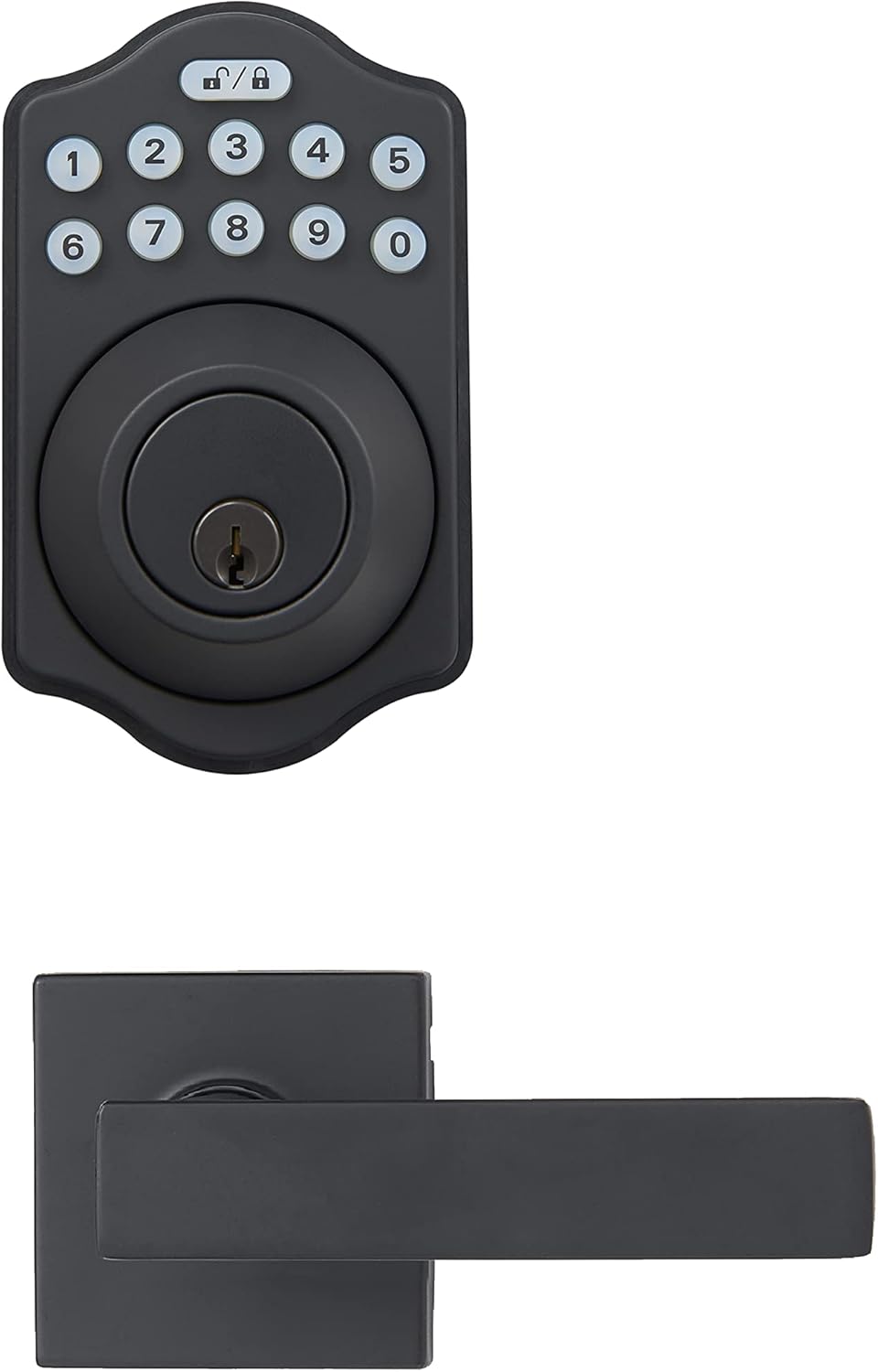 Amazon Basics Traditional Electronic Keypad, Keyless Entry Door Lock Deadbolt with Handle Set, Key Pad Front Door with Knob, Traditional Door Locks for Front Door, Door Handle, Matte Black, 1-Pack