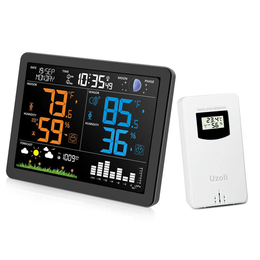 Uzoli EM3566 Weather Station Wireless Indoor Outdoor, 7.4“ Large Weather Station with Atomic Clock, Indoor Outdoor Temperature Humidity, Weather Forecast, Alarms with Snooze, Easy to Read