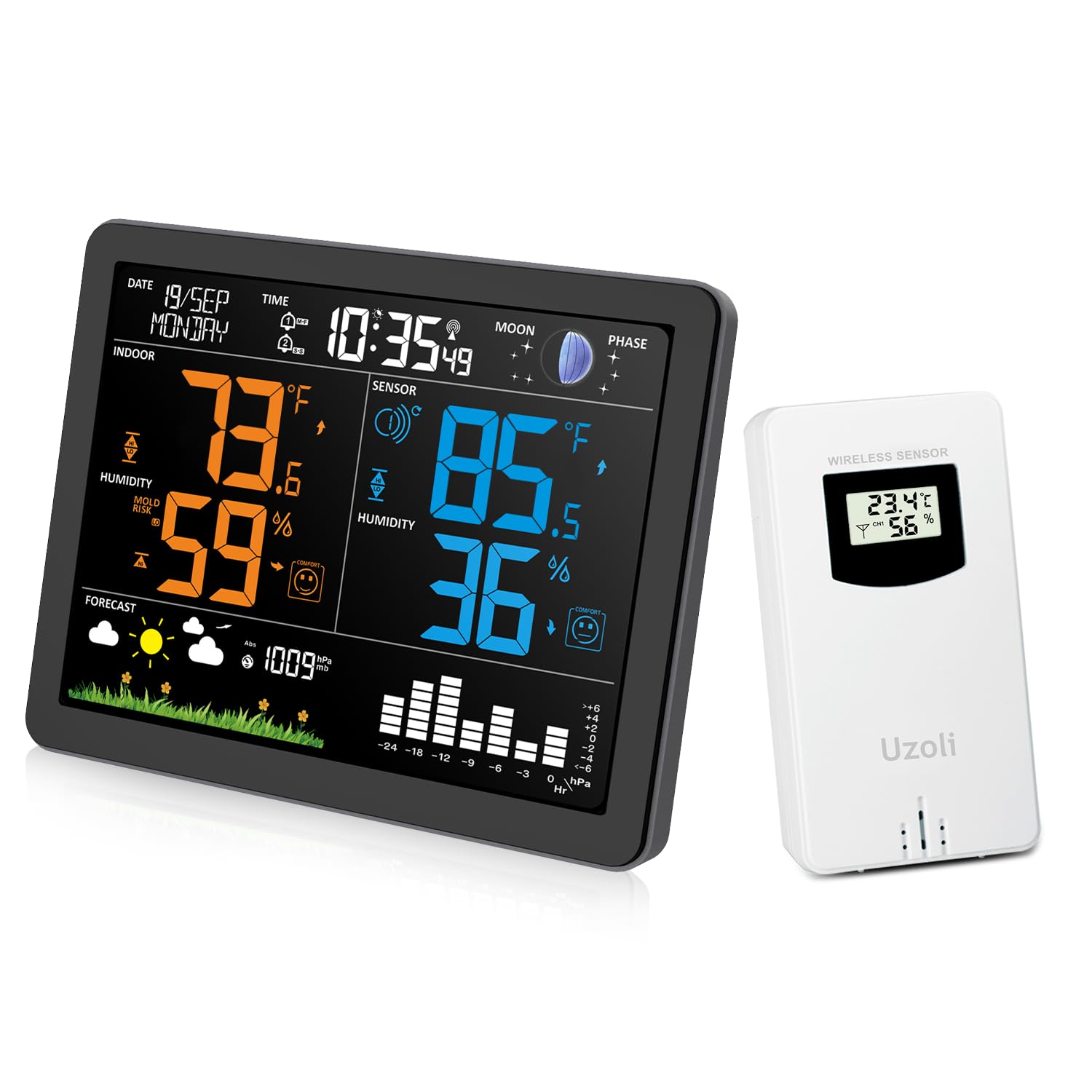 Uzoli EM3566 Weather Station Wireless Indoor Outdoor, 7.4“ Large Weather Station with Atomic Clock, Indoor Outdoor Temperature Humidity, Weather Forecast, Alarms with Snooze, Easy to Read