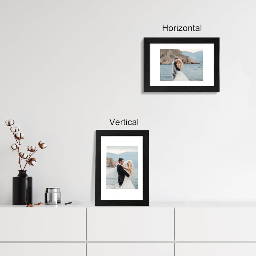 iRahmen 8x12 Picture Frame Set of 4 with HD Glass, Black Frame Display 6x8 Picture with Mat or 8 x 12 Without Mat, Wood Rustic Photo Frame for Tabletop and Wall Mounting