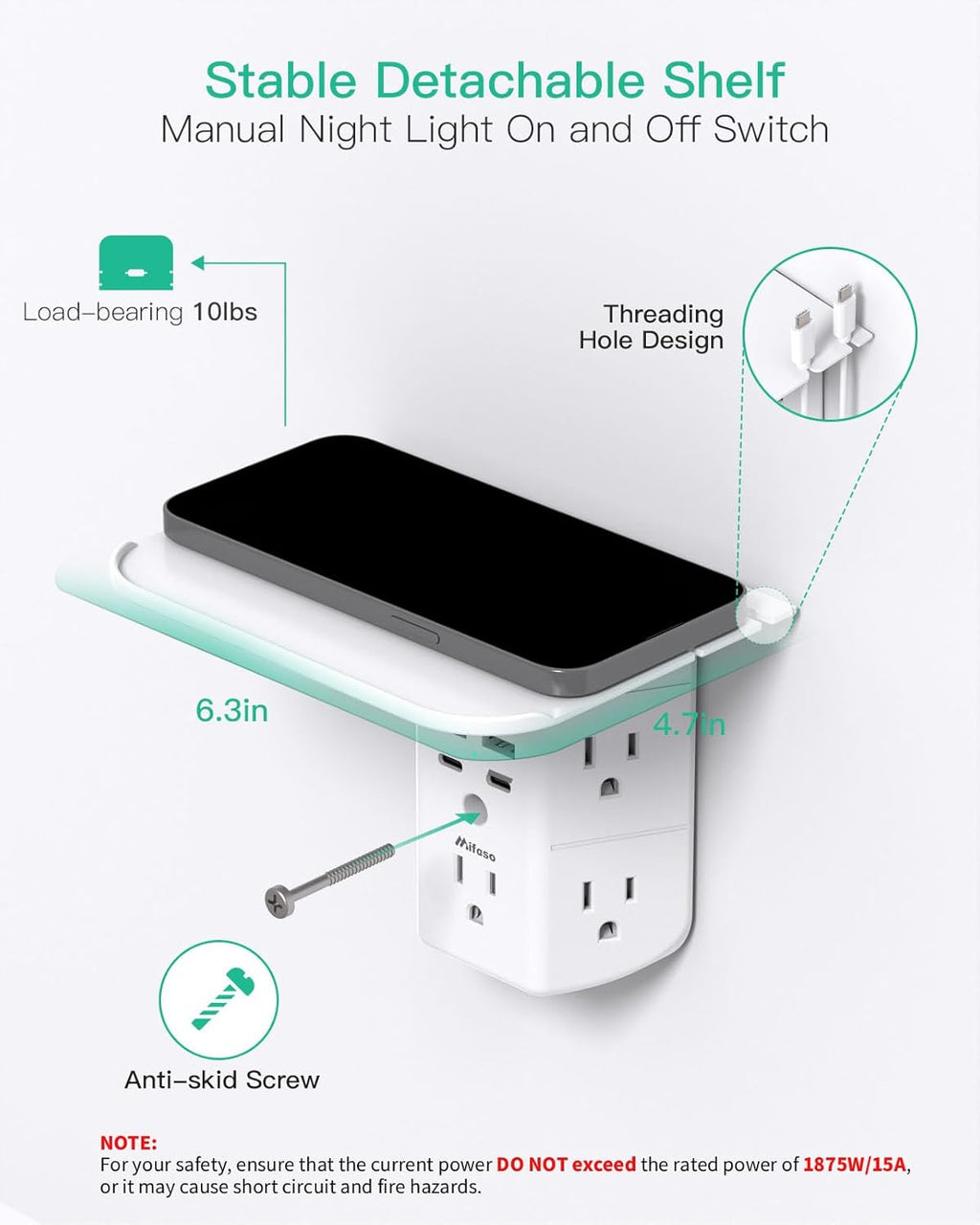 Wall Outlet Extender with Shelf and Night Light, Surge Protector, USB Wall Charger with 5 AC Outlets and 2 USB A Ports 2 USB C Ports Wide Space 3-Sided Power Strip Multi Plug Outlets
