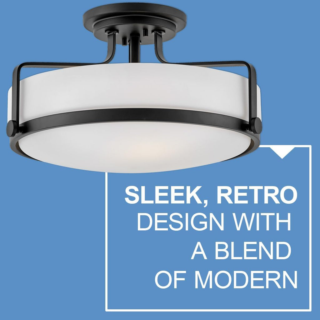Hinkley Harper 3643BK Large Semi-Flush Ceiling Light - Sleek, Retro Style - Black + Etched Opal Glass