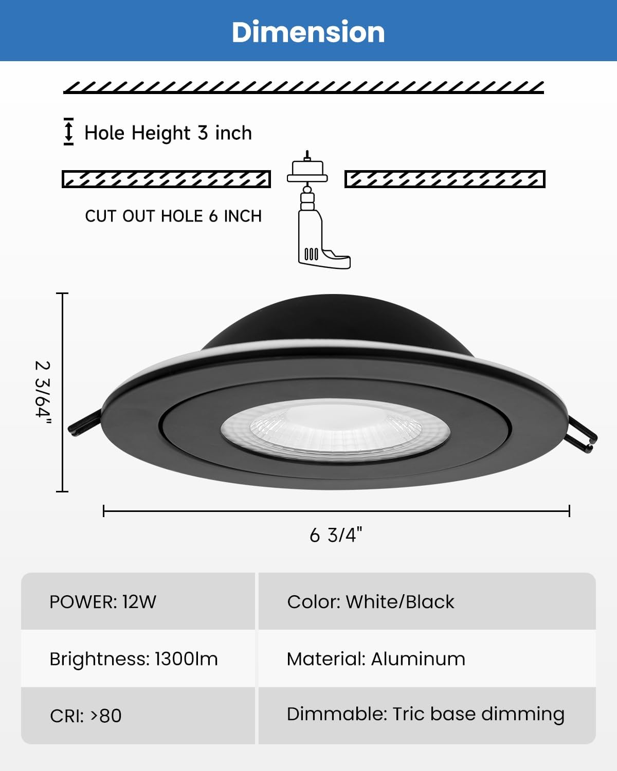 Recessed Lighting 6 inch - 12W Gimbal Light Eyeball Sloped Ceiling Recessed Spotlight 1300lm Black Trim 90° Tilt Swivel Soffit Wafer Lights 5CCT Adjustable Indoor Dimmable Black 6 inch 6 Pack