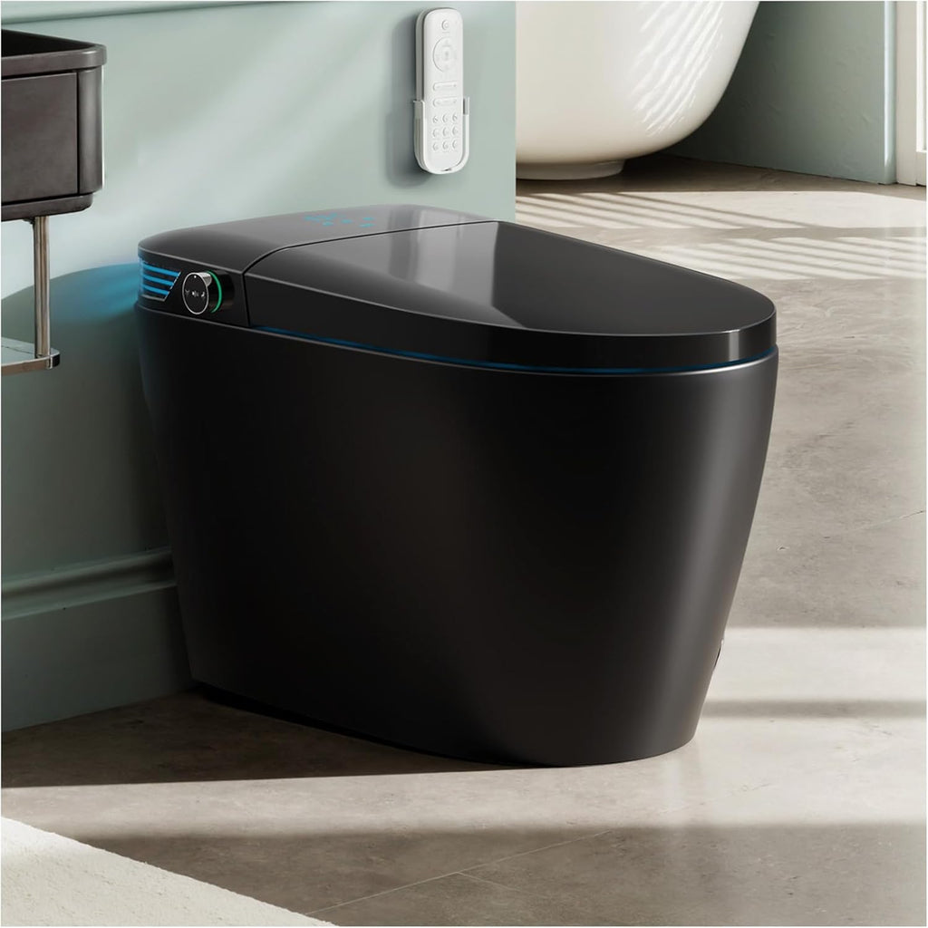 WANSID Black Smart Toilet with Bidet Built In, Auto Open/Close Lid, Heated Seat, Warm Wash & Dryer, Night Light, Soft-Close,Modern Elongated Tankless One Piece Toilets, 1.28 GPF
