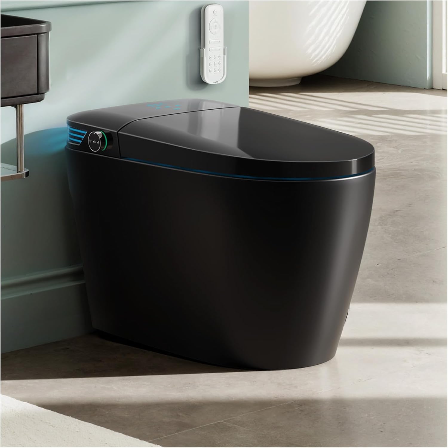 WANSID Black Smart Toilet with Bidet Built In, Auto Open/Close Lid, Heated Seat, Warm Wash & Dryer, Night Light, Soft-Close,Modern Elongated Tankless One Piece Toilets, 1.28 GPF