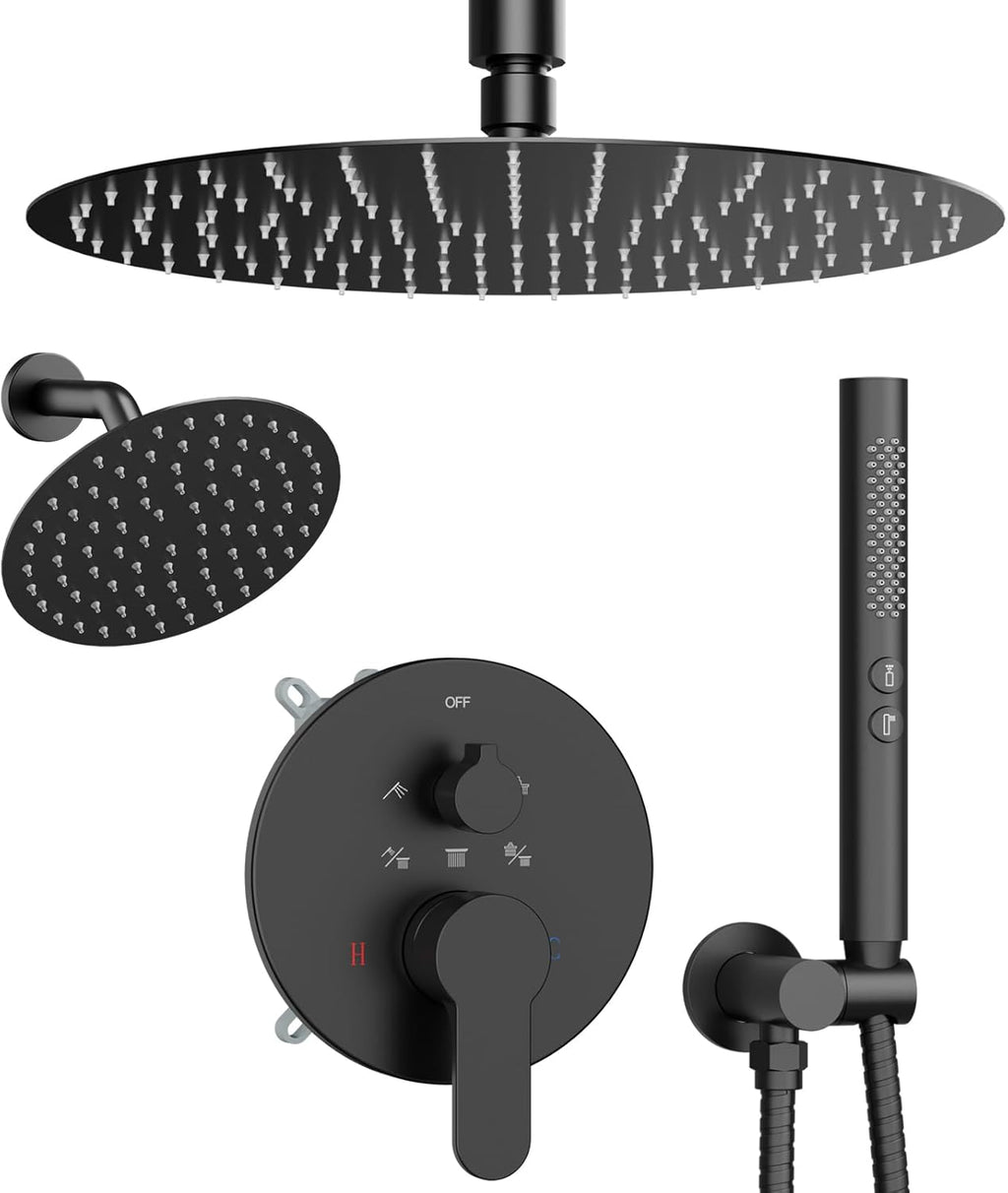 Shower Systems Shower Faucet Sets STARBATH 3 Way 12+6" Round Dual Rainfall Shower Head with Handheld Spray Combo, Ceiling Mounted Rain Shower Valve with 5 Diverter and Trim Kit Complete, Matte Black