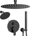 Shower Systems Shower Faucet Sets STARBATH 3 Way 12+6" Round Dual Rainfall Shower Head with Handheld Spray Combo, Ceiling Mounted Rain Shower Valve with 5 Diverter and Trim Kit Complete, Matte Black