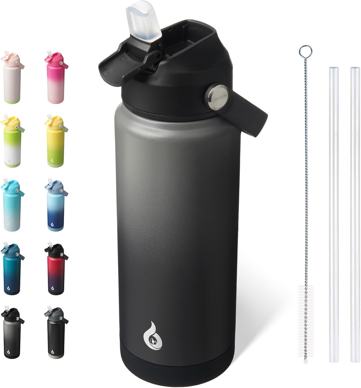 BJPKPK Water Bottle with Straw Lid, 24oz Vacuum Insulated Water Bottles, Metal Stainless Steel Thermo for Sports, Travel, BPA Free Leak Proof Thermo, Cups, Flasks, Tumblers,Black Grey