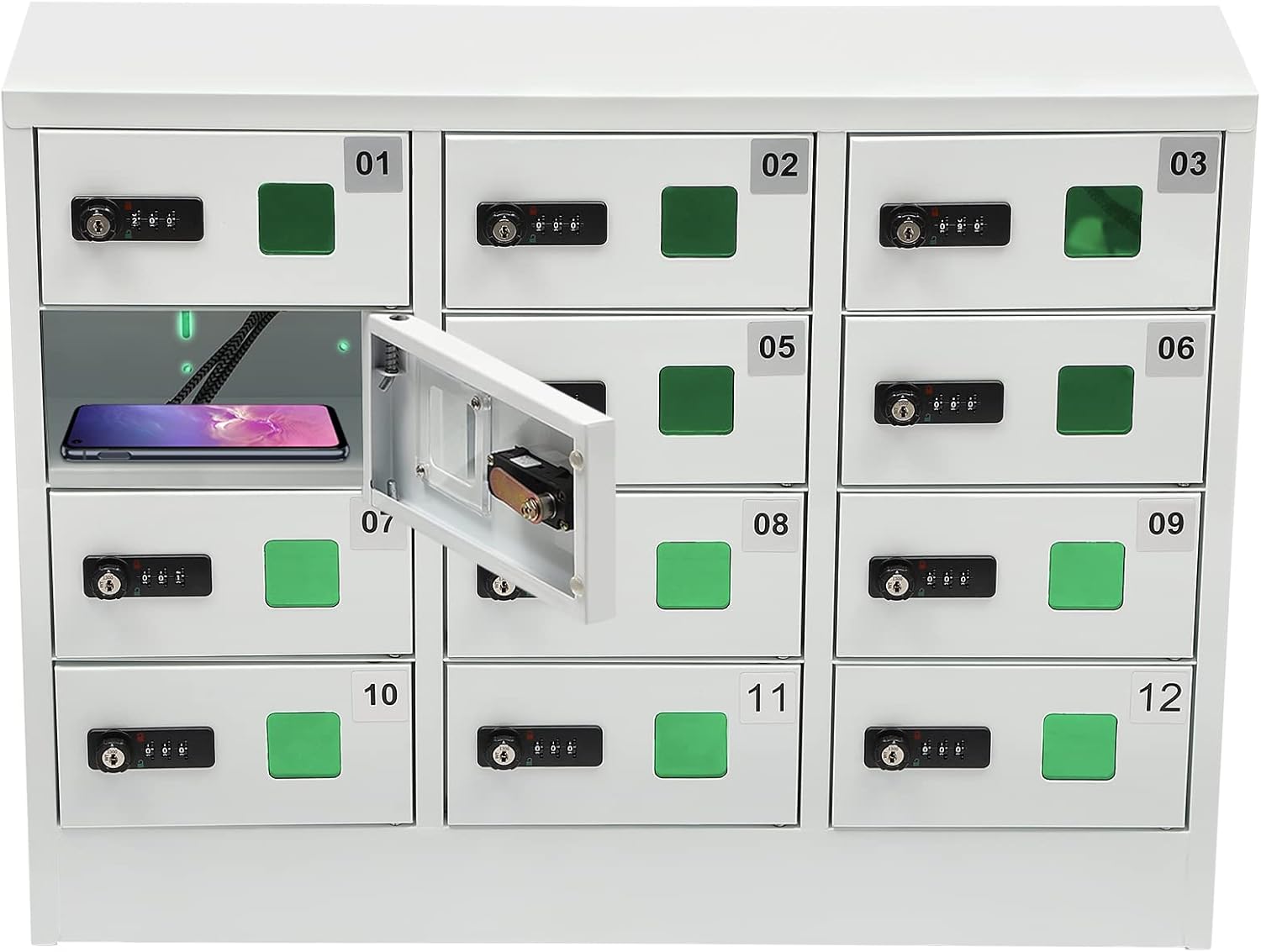 12 Slots Cell Mobile Phone Steel Locker with Combination Lock, Cellphone Charging Station with 3 in 1 Charging Ports for Most Phones, Cellphone Locker for Schools, Conference Rooms, and Offices