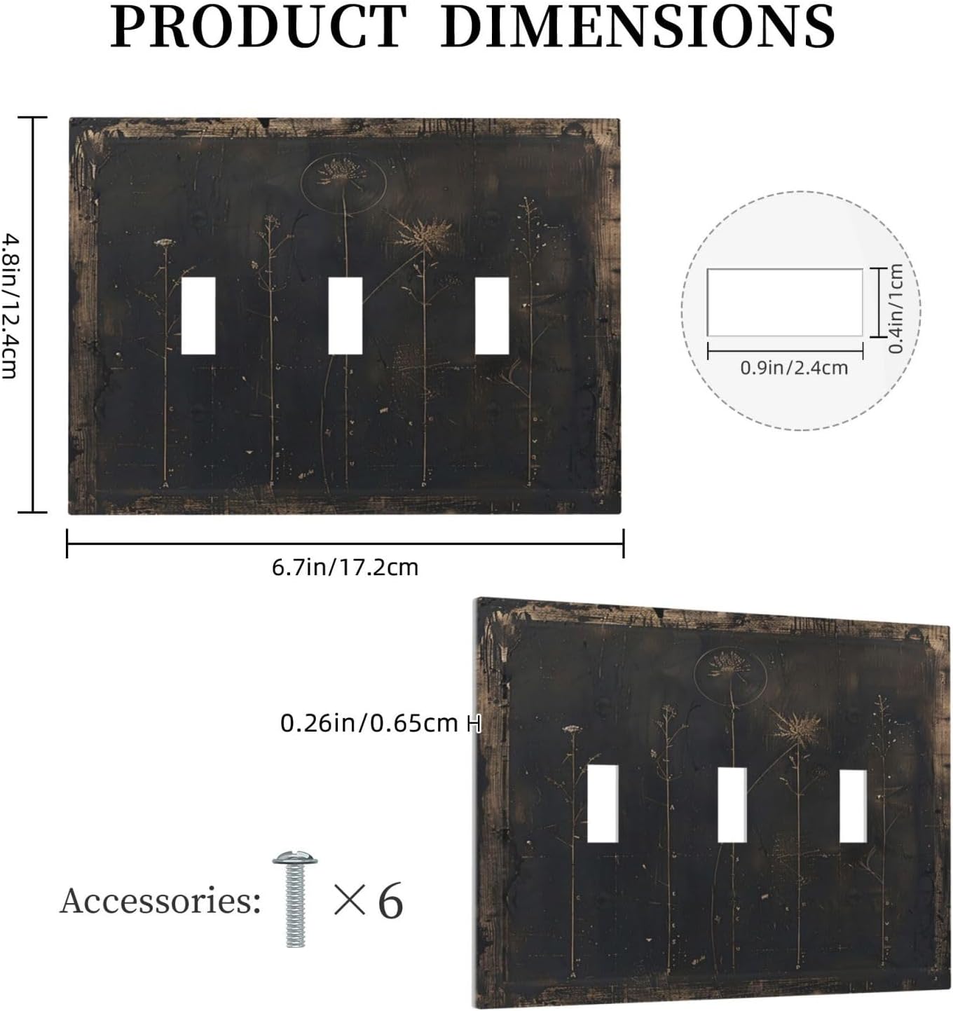 Decorative Light Switch Cover Plate Black And White Dandelion Art Vintage Wood Grain 3 Gang Wall Plate Triple Toggle Switch Plate Covers Electrical Outlet Cover for Farmhouse Cabin Decor
