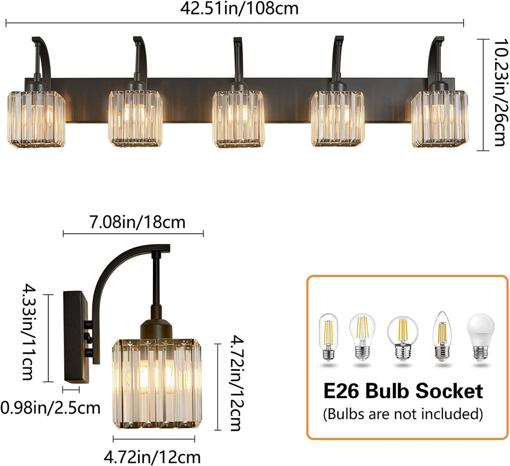 5-Light Crystal Vanity Light, Modern Black Bathroom Wall Sconce with K9 Crystal Shades, 42.51" Long Over Mirror Lighting for Vanity, Makeup, Hallway, Elegant & Easy Installation