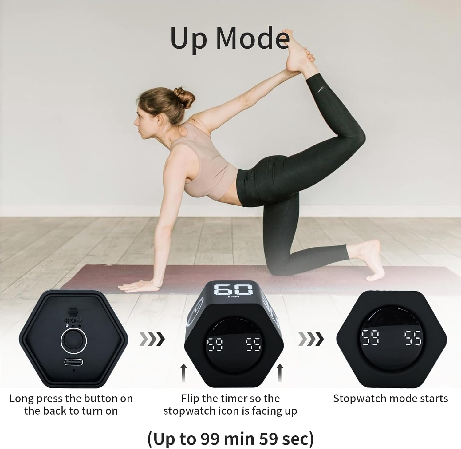 Productivity Timer Flip Gravity Sensor Pomodoro Cube Timer Countdown & Countup,1/5/10/30/60min Preset & Custom Timing, Mute/Vibrate/Sound for ADHD,Work,Study,Kitchen(1, Black Hexagon)