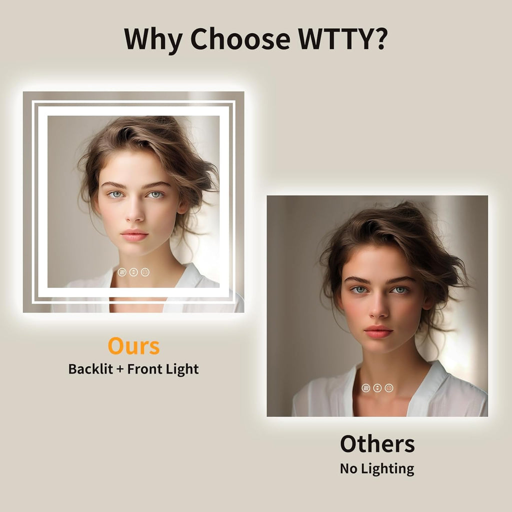 WTTY LED Bathroom Mirror 36"x36" with Backlit and Front Light,Stepless Dimmable LED Mirror for Bathroom,Anti-Fog Lighted Bathroom Vanity Mirror Modern,Memory Function,Shatter-Proof