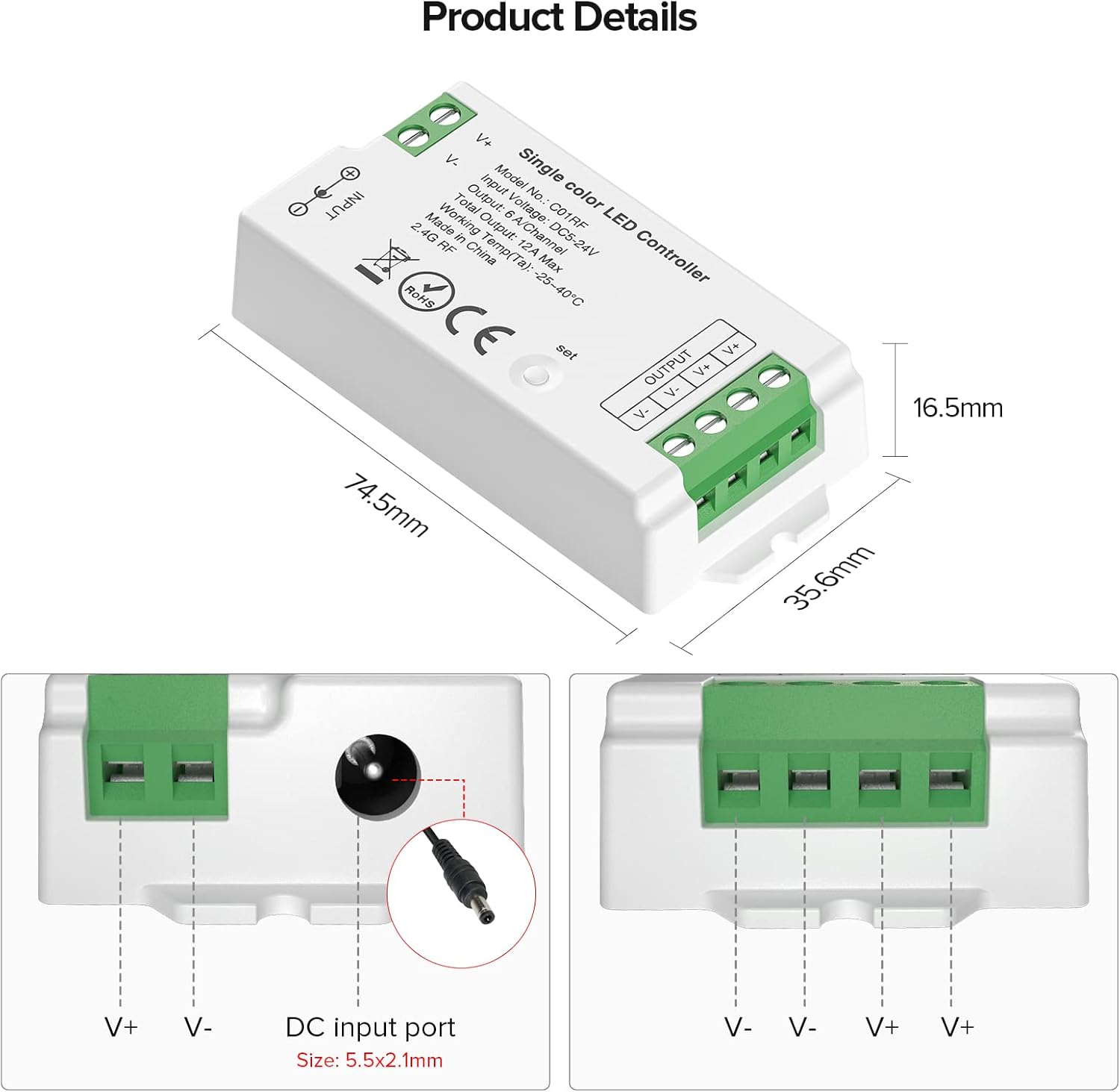 C01RF LED Controller Support PWM 5050SMD COB Single Color (+V -V) 2pin LED Strip Light Compatible with RC01RF LM087 LM007 WR02RF Remote DC5V/DC12V/DC24V Max 12A Indoor Use Only