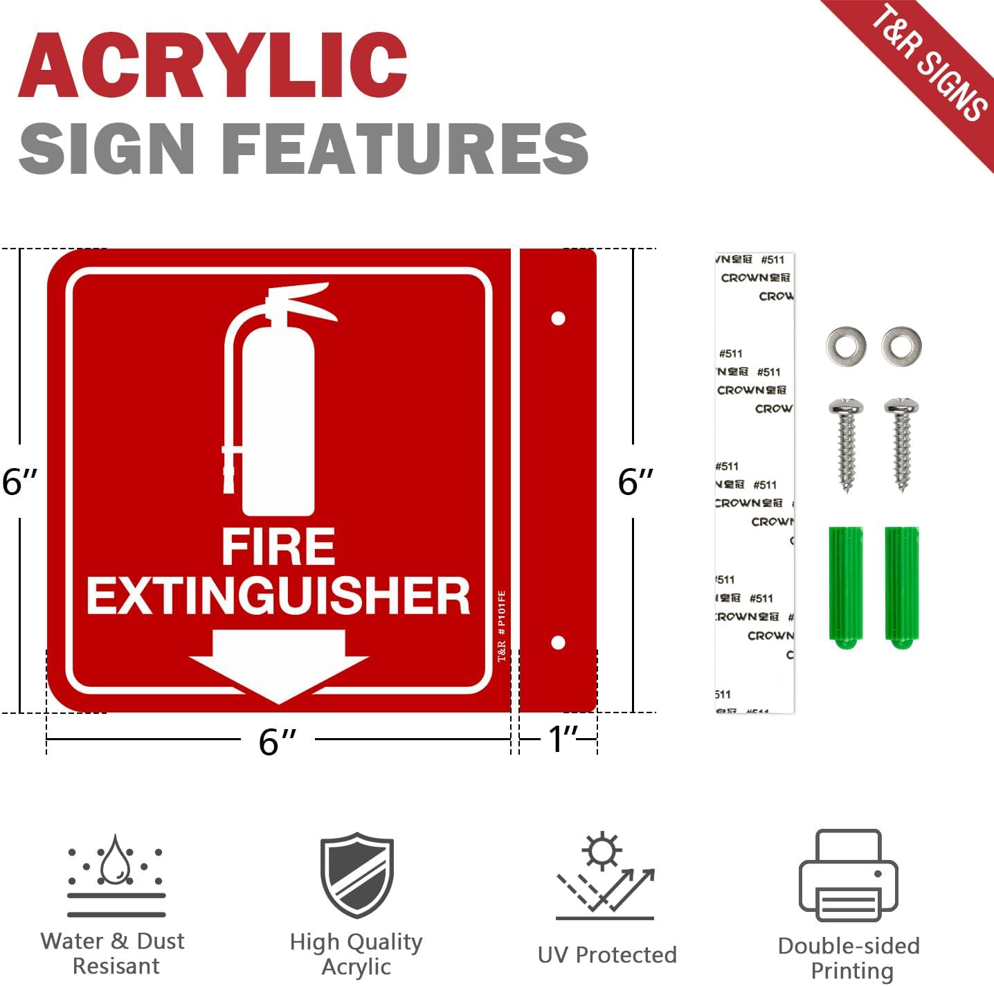 T&R Fire Extinguisher Sign, Fire Extinguisher with Down Arrow - 2 Pack - 6 x 6 Inches Acrylic, 2 pre-drilled holes, Includes Matching Screws, Use for Home Office/Business
