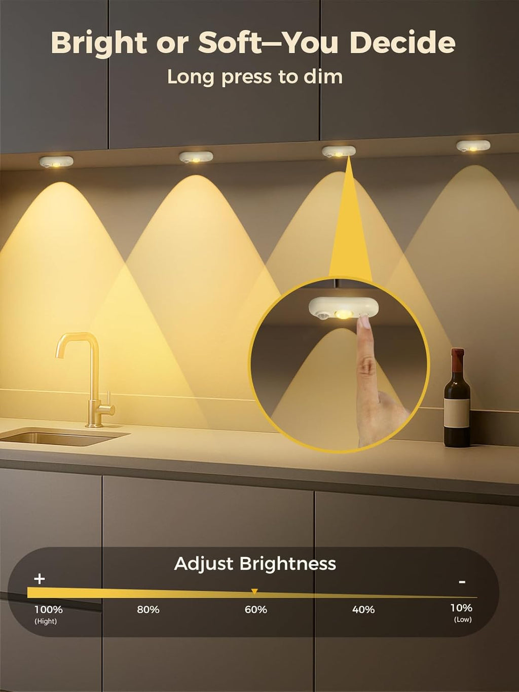 YGS-Tech LED Motion Sensor Light Indoor, Rechargeable Puck Lights, Magnetic Dimmable Under Cabinet Light, Wireless LED Lights for Closet, Kitchen, Stairs, Warm White, 6-Pack (White)