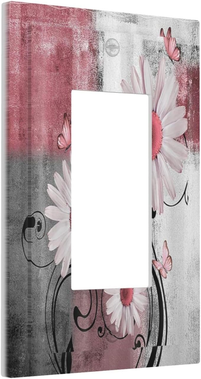 Decorative Outlet Covers Pink Floral Rustic Daisy Flower And Butterfly 1 Gang Single Rocker Light Switch Cover Plate Wall Plates GFCI Faceplate for Farmhouse Cabin Decor