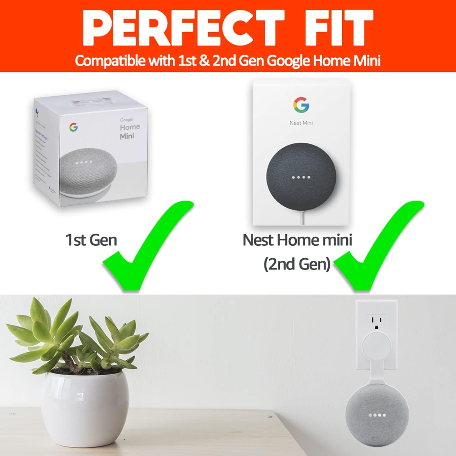 Outlet Wall Mount Holder for Google Home Mini (1st & 2nd Genernation), A Space-Saving Accessories for Google Nest Mini Speaker (White)