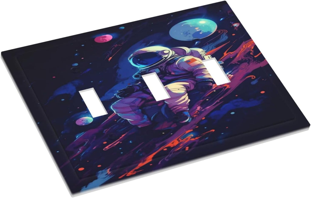 Decorative Light Switch Cover Plate Purple Space Astronaut Planet 3 Gang Wall Plate Oversized Triple Toggle Switch Cover Plate Jumbo Electrical Face Plate for Bedroom Home Decor