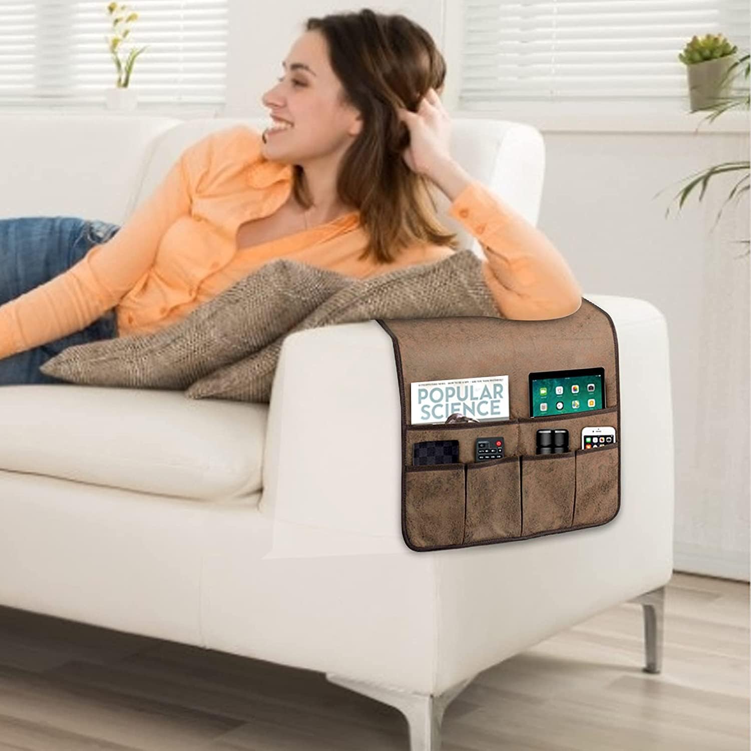 HAOMAIJIA Anti Slip Sofa Armrest Organizer Arm Chair Bedside Caddy Storage Organizer For Recliner Couch With 6 Pockets For Cell Phone Tv Remote Control Magazines (brown)