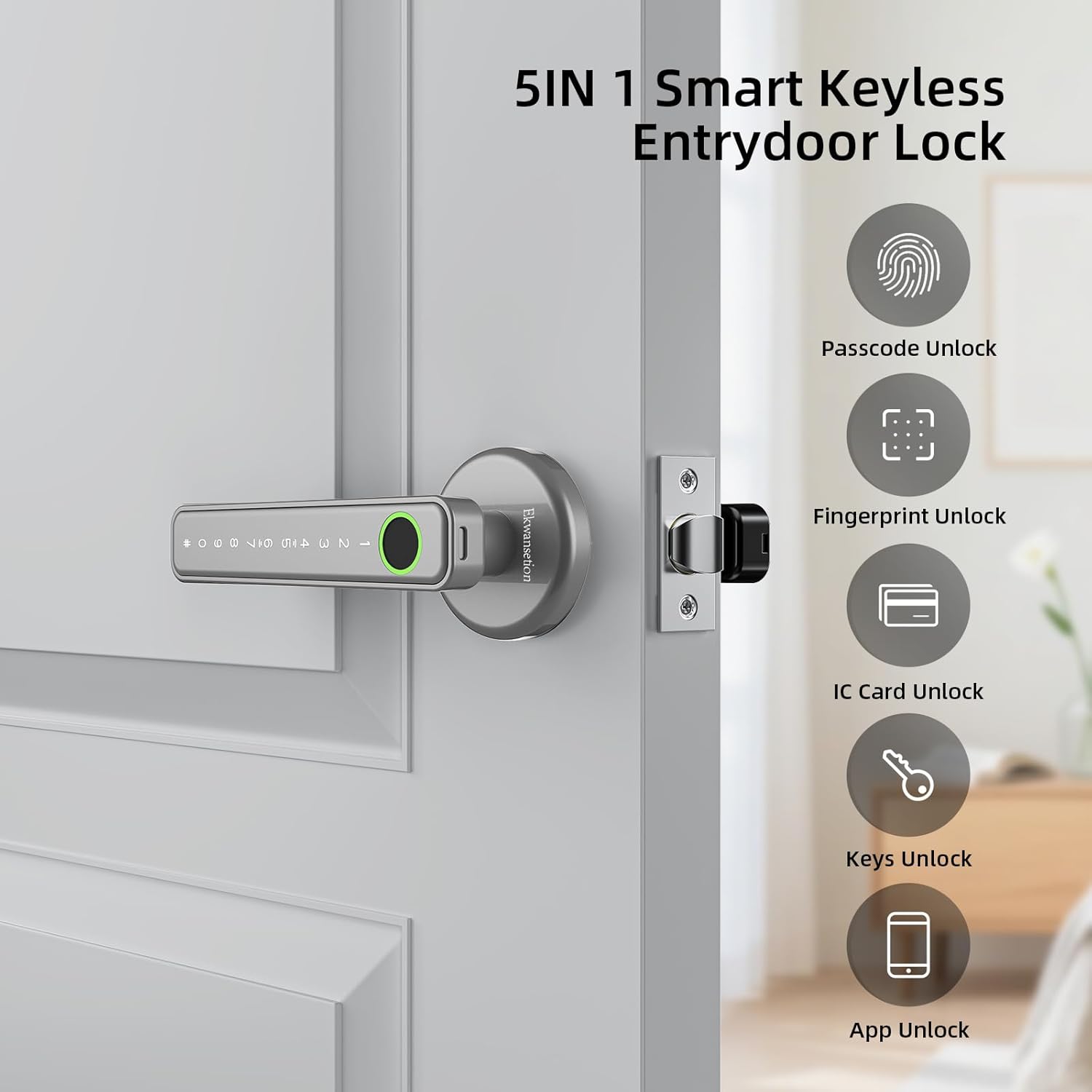 Fingerprint Door Lock Smart Door Lock with Keypad Keyless Entry Door Lock with Handle for Home Hotel Office Apartment Bedroom with Alexa (Silver app Unlock) Ekwansetion
