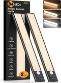 Gritin 10.2inch Under Cabinet Lighting Rechargeable -84 LED Super Bright,3-Color& 5 Level Brightness,4 Modes,Motion Sensor, Long Lasting- Easy Installation Magnetic Closet Lights -2 Pack-Black