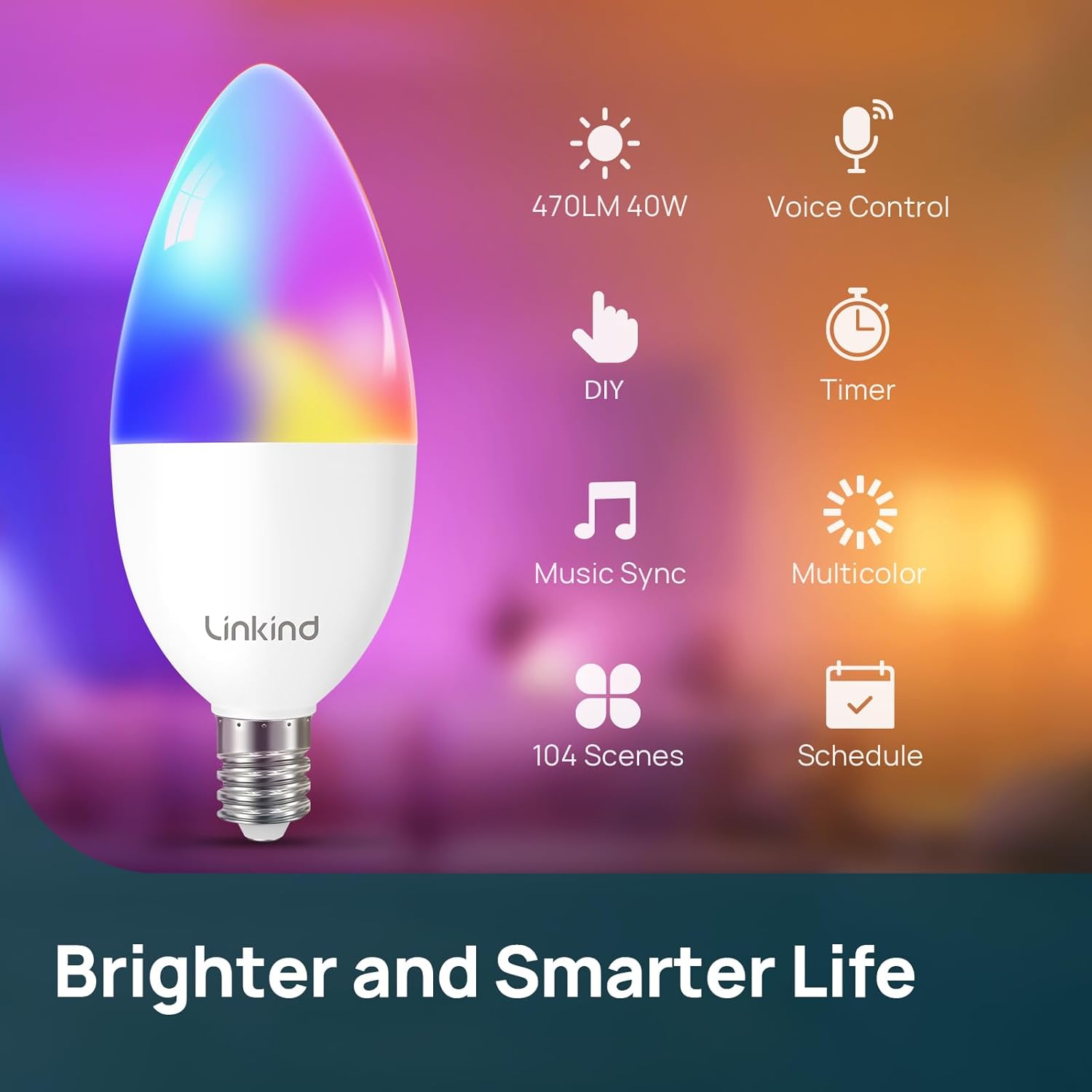 Linkind Matter Smart Bulbs, E12 Led Bulb Works with Alexa/Apple Home/Google Home, Smart Light Bulbs, WiFi Candelabra B11 Bulbs, RGBTW Color Changing Light Bulb, 2.4Ghz WiFi Bulb, 470 LM 2 Pack