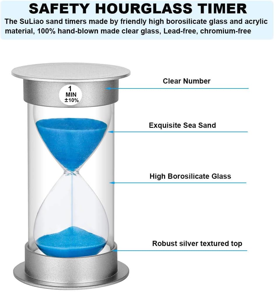 Sand Timer 1 Minute Hourglass Timer, Plastic Sand Watch 1 Minute, Small Sand Clock one Minute, Hour Glass Sandglass Timer for Kids, Games, Decoration, Classroom, Kitchen, (1 Min, Blue Sand)