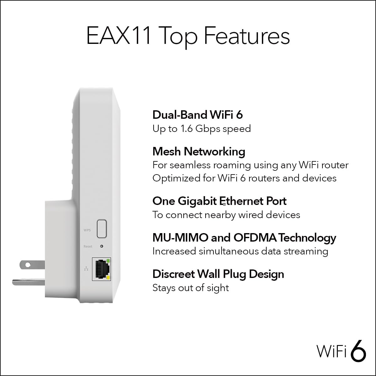 NETGEAR WiFi 6 Mesh Range Extender (EAX11) - Add up to 1,200 sq. ft.,15 Devices with AX1600 Dual-Band Wireless Signal Booster & Repeater (up to 1.6 Gbps Speed), WPA3 Security, One WiFi Name