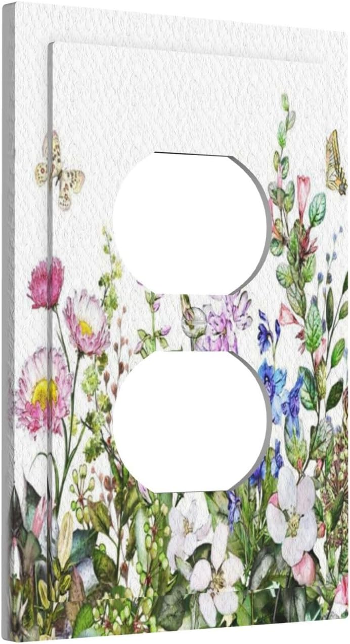 Boho Colorful Wildflowers Butterfly Green Plant Leaf Single Duplex Wall Plate Covers Light Switch Cover 1 Gang Outlet Plate Decorative Switchplate Covers Faceplate for Bathroom Decor