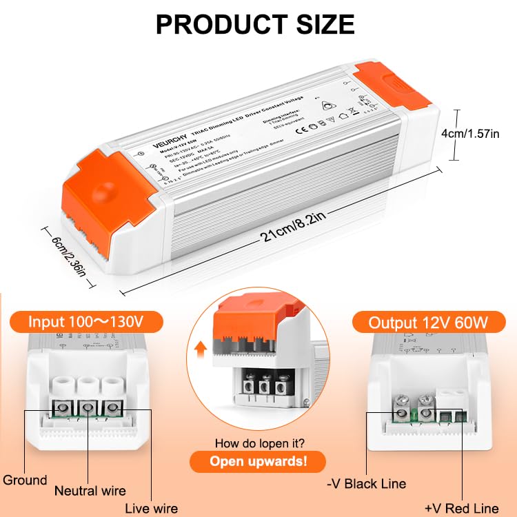 60W Dimmable LED Driver 12V DC Triac Constant Transformer, 120V AC to 12 Volt DC Lighting Low Voltage Power Supply, LED Light Transformer for Kitchens, Cabinets, Bedrooms 2 Pack
