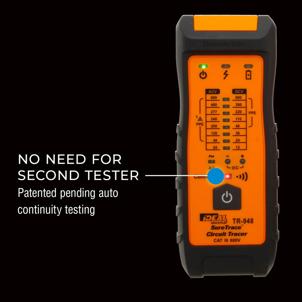 Ideal Electrical SureTrace Plus Circuit Tracer (61-948) 0-600 Volts AC/DC with Built-in Continuity Test and High-Visibility Displays — Find Breakers, Fuses, Wires, Dead Shorts, and Splice Errors