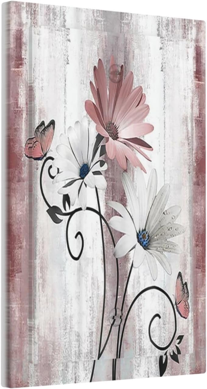 Light Switch Cover Plate Pink White Daisy Butterfly Wood Grain 1 Gang No Device Blank Electrical Wall Plates Faceplate Decorative Switch Plate for Farmhouse Bathroom Decor