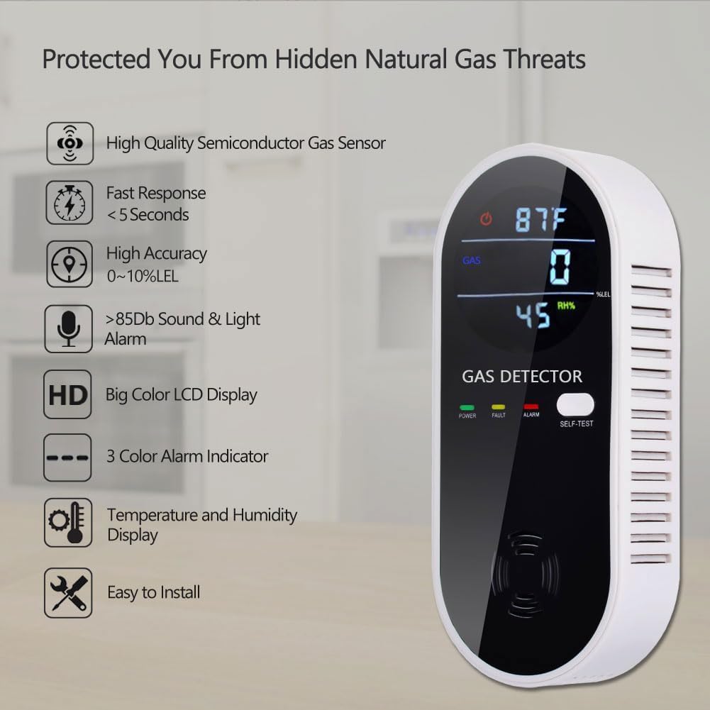 Natural Gas Detector, 3 in 1 Plug-in Propane Gas Detector(Gas, Temperature and Humidity Display), Combustible Gas Detector for Home & RV Gas Leak Detector for LNG, LPG, Methane