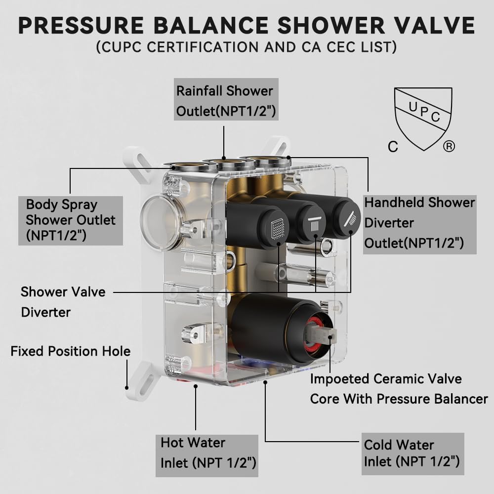 Shower Faucet Sets Shower System, 2 Head Shower System Rain Showerhead for Two People, Ceiling Mount Shower Fixtures with On Off Button Valve Body and Trim Kit Complete, 10+6" Matte Black