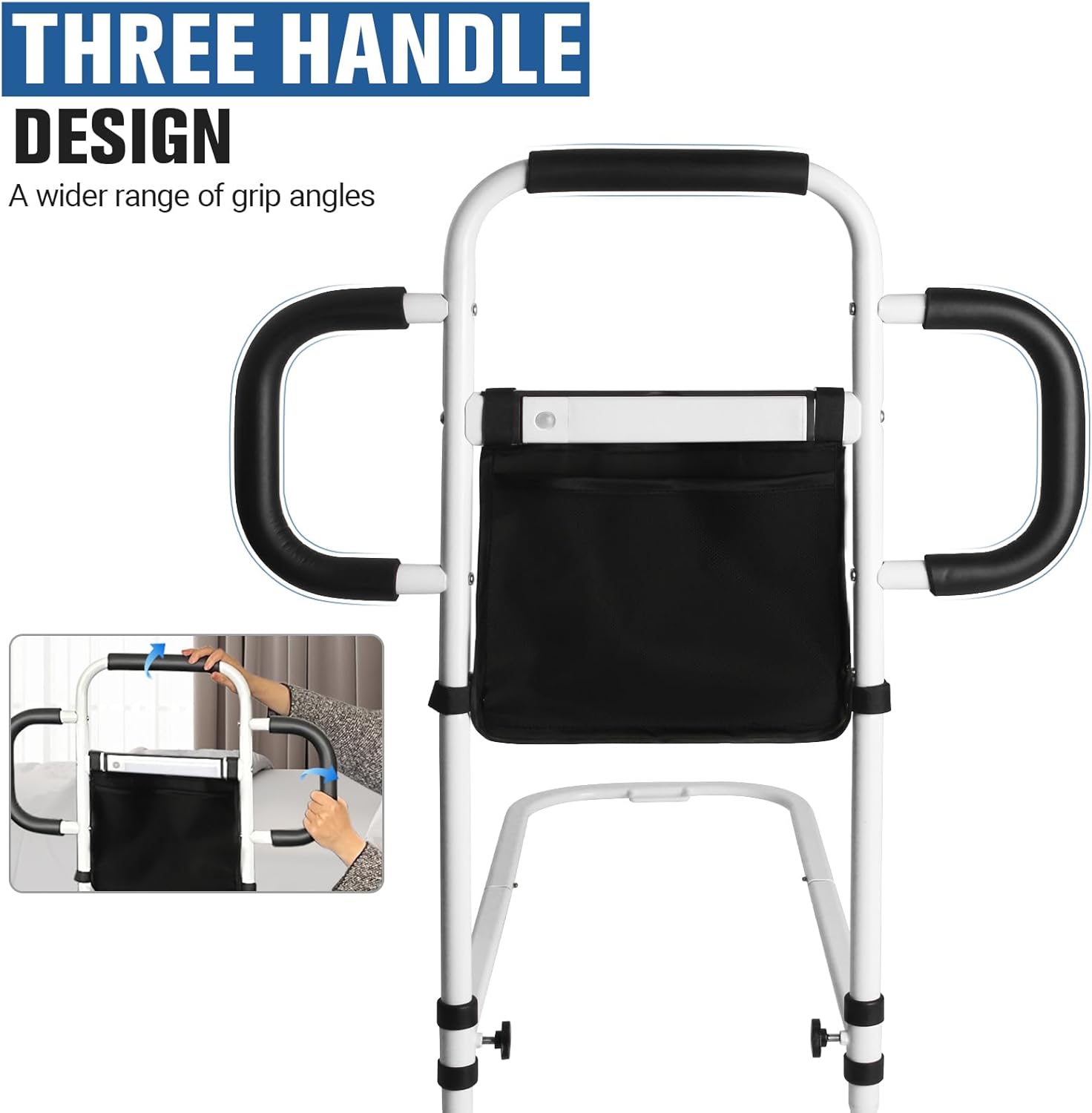 Three Grab Bars Bed Rails for Elderly Adults Safety, Bed Assist Rail with Leg, Adjustable Bedside Handle for Seniors Fall Prevent Bed Cane, Medical Bed Rail Fits Queen, King, Full, Twin