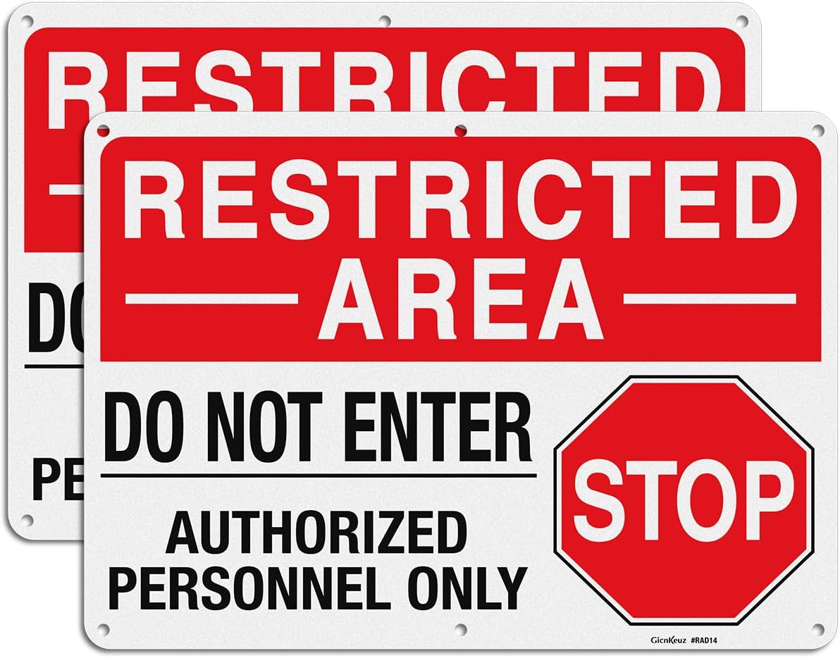 GicnKeuz Large "Restricted Area - Do Not Enter, Authorized Personnel Only" Metal Signs, 14 x 10 Inches Reflective Aluminum Signs, Fade Resistant/Waterproof, Easy to Install, Outdoor Use (2-Pack)