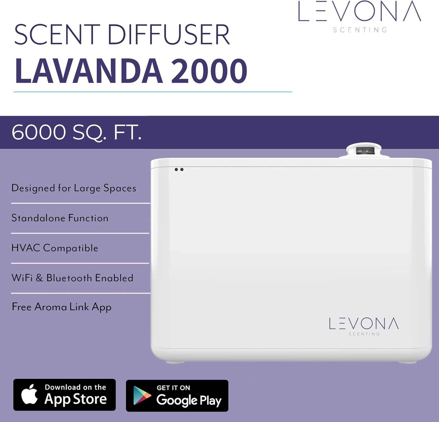 LEVONA SCENT Machine Lavanda: Up to 6000 SQFT HVAC Diffuser- Waterless Scent Air for Office, Hotel & Home Diffuser - Fragrance + Remote Control App Lavanda 2000