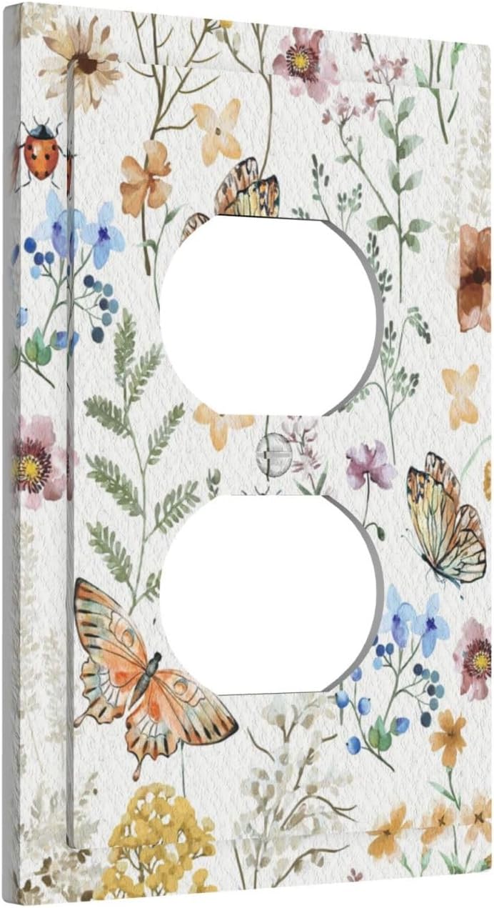 Decorative Light Switch Cover Boho White Background Butterfly Rustic Flower Personalized Wall Plate Single Duplex Switchplate 1 Gang Outlet Plate Decora Light Switch Plate for Bedroom Decor