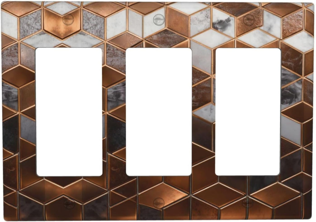 Brown Abstract Luxury Modern Geometric Cubic Marble 3 Gang Triple Rocker Decorative Light Switch Covers Electrical Faceplate Switch Plates for Bathroom Kitchen Home